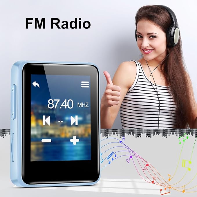 32GB MP3 Player with Bluetooth, 1.8 inch Screen, with FM Radio, Recorder, Portable Sport HiFi Music Player Up to 512GB, Blue