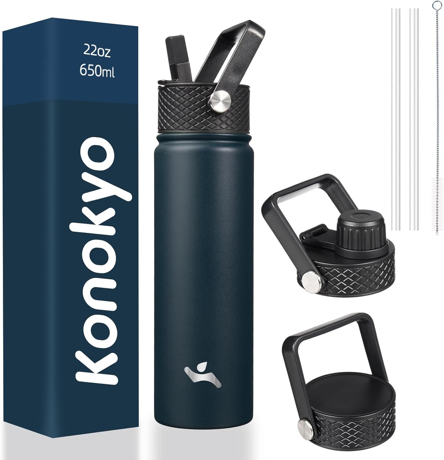 22oz Stainless Steel Bottles with 3 Lids Sport Insulated Water Bottle,Navy Blue