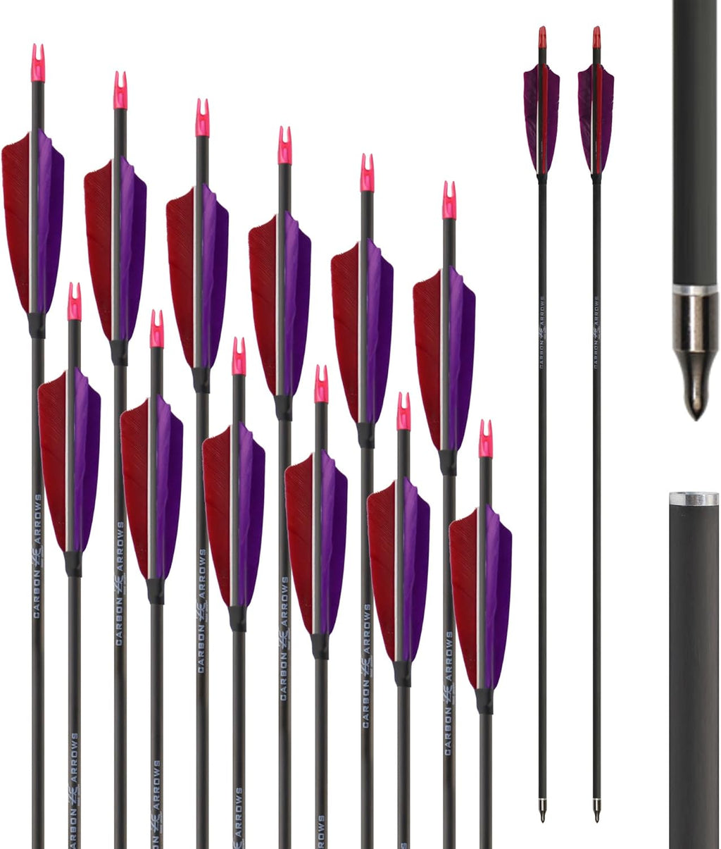 600 Spine Pure Carbon Arrows with Real Turkey Feathers Removable 100 Grain Tips Plastic Nocks for Archery Target Hunting