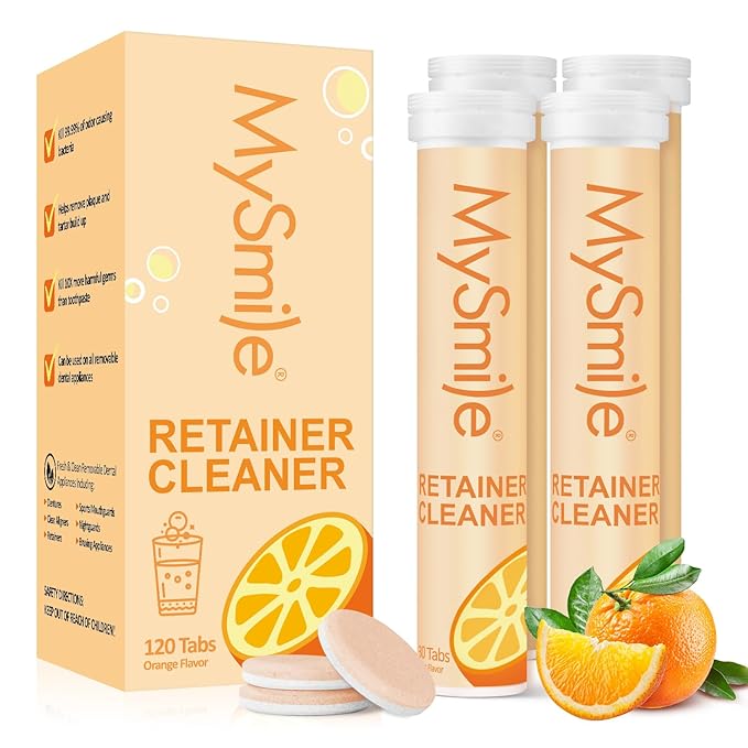 MySmile Retainer Cleaner with 120 Denture Cleaning Tablets, Quickly Remove Odors, Discoloration Stains & Plaque from Aligner, Mouth Guard, Night Guard and More Dental Appliances (Orange Flavor)