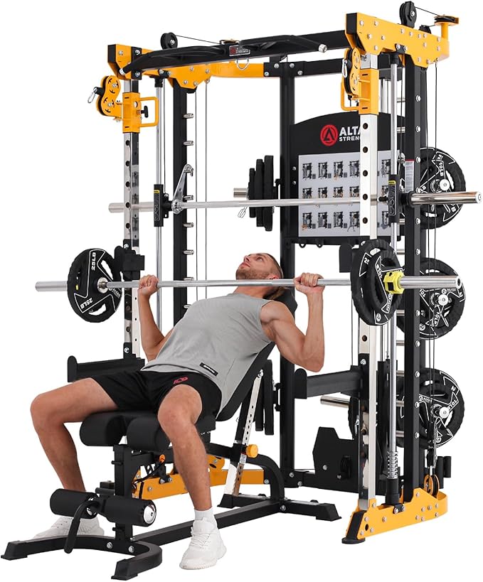 Altas Strength 3059 Smith Machine Home Gym Equipment with 1000 lbs Weight Capacity 2000 lbs Cables Strength Training Power Cages for Squats Presses Lunges Deadlifts Easy Assembly Included Accessories