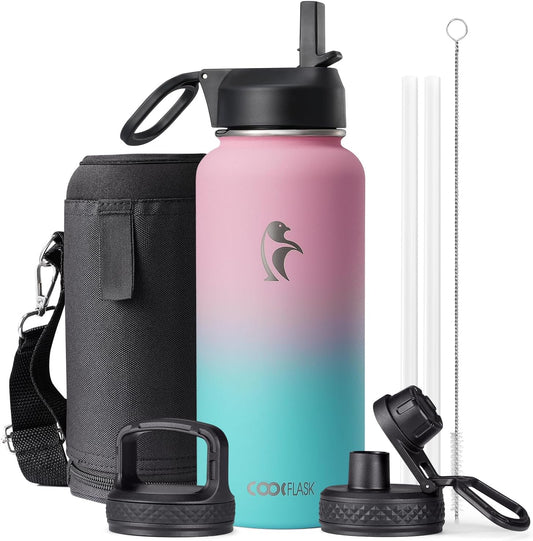 32 oz Insulated Water Bottle with Straw&3 Lids, Coolflask Stainless Steel Metal Flask Wide Mouth for Sports or Office, Non-BPA Keep Cold Up to 48 Hrs or Hot Up to 24 Hrs, Bubblegum Princess