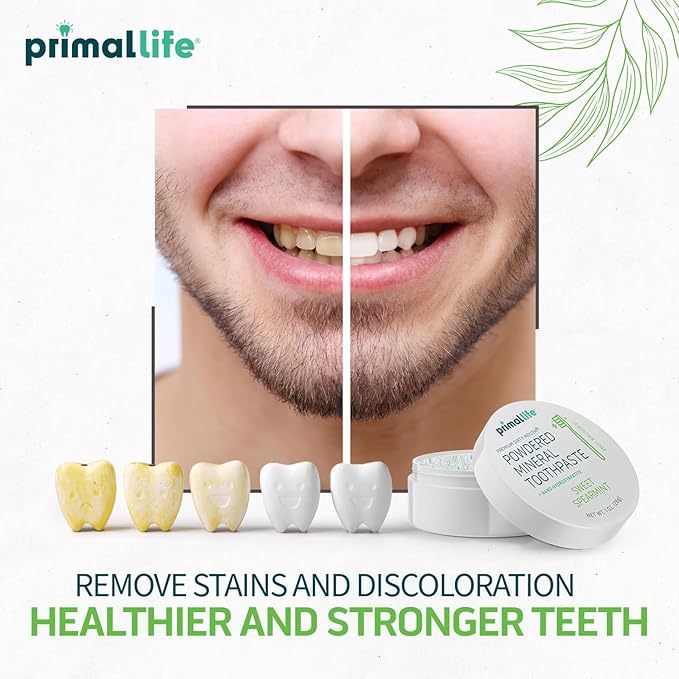 Primal Life Organics - Dirty Mouth Toothpowder, Tooth Cleaning Powder, Flavored Essential Oils with Natural Kaolin & Bentonite Clay, Good for 200+ Brushings, Organic, Vegan (Sweet Spearmint, 1 oz)