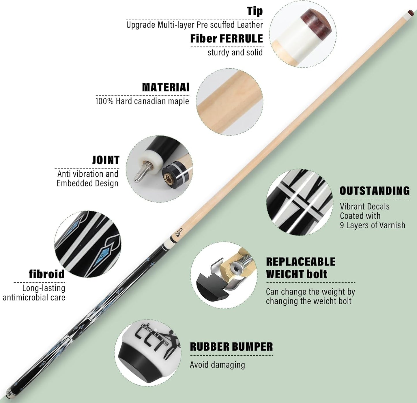 58-Inch Maple Pool Cue Stick, 18oz-21oz – 2-Piece Lightweight Billiard Cue with Leather Case for Home, Bar, and Competitive Use