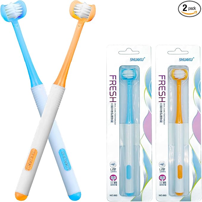 3 Sided Autism Toothbrush 360° Oral Teeth Cleaning Design U-Shaped Toothbrush 2 PCS Adult Soft Bristles Soft and Gentle for Complete Tooth and Gum Care (Blue+Orange)
