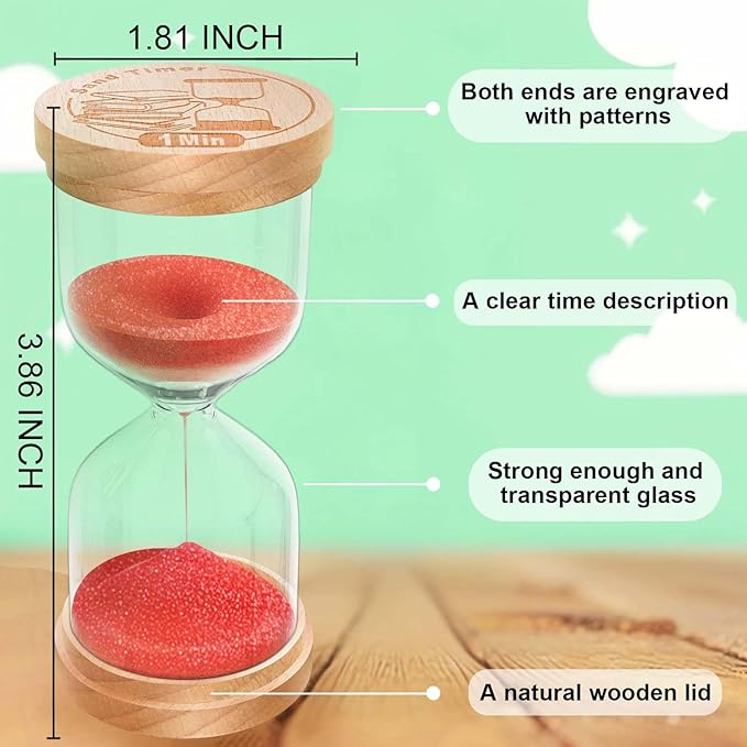 1 Minute Sand Timer, Wooden Hourglass Sand Clock, Small Beech Wood Red 1 Min Hour Glass, One Minutes Sandglass for Brushing Teeth, Reloj De Arena, Classroom, Game, Kitchen, Home, Office