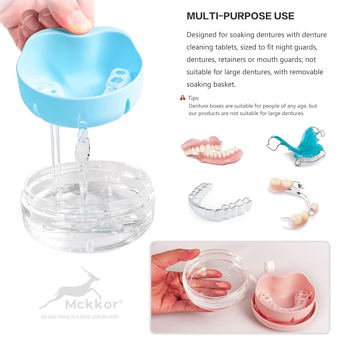 Retainer Case, Retainer Cleaner Case, Definitely No-Leak Denture Case Denture Bath Box for Traveling Perfectly, Denture Cup with Strainer & Mirror(Blue)