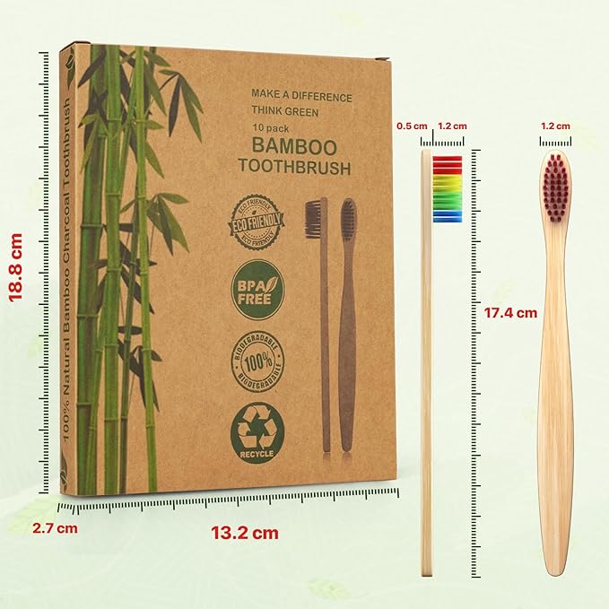 10 Pack Beige Bamboo Toothbrushes | Biodegradable & Compostable Eco-Friendly Natural Bamboo Charcoal Toothbrushes | BPA Free Soft Bristles Wooden Toothbrush - 100% Recycled Packaging