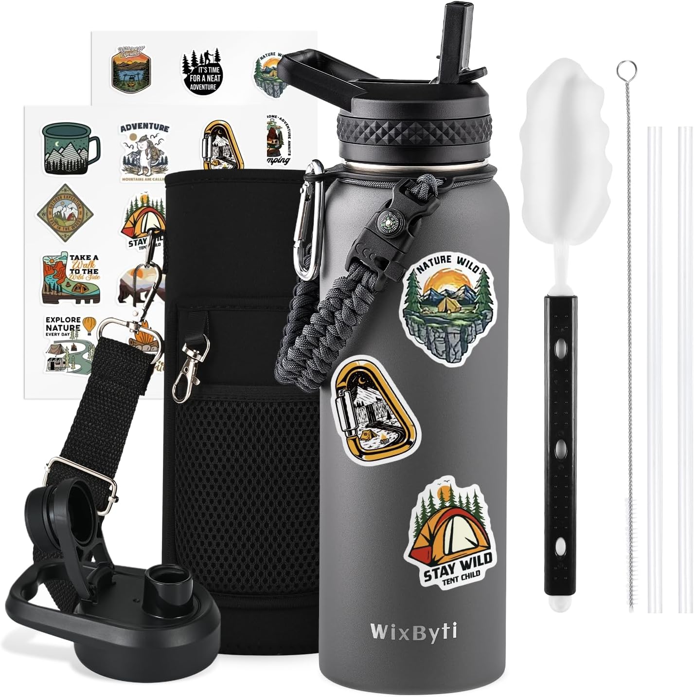 40 oz Insulated Water Bottle with Straw (Cold for 48 Hrs), Stainless Steel Triple Wall Vacuum Sports Water Jug, Leakproof Hydro Cup Flask with Paracord Handle & Straw Spout Lids & DIY Stickers