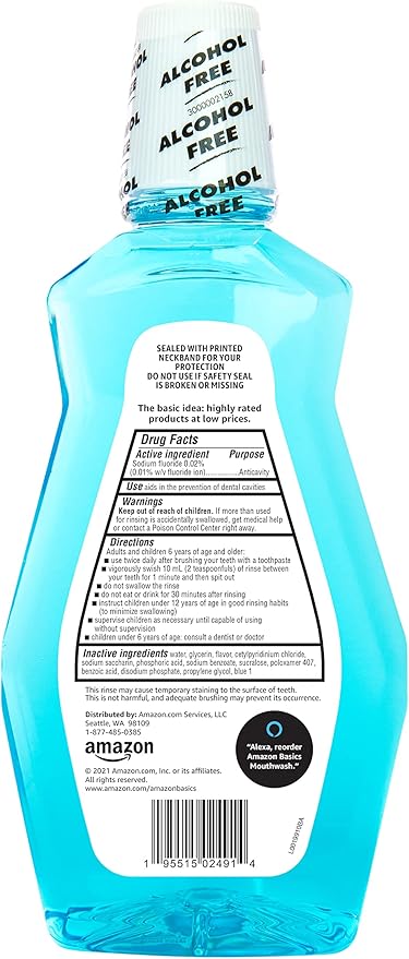 Amazon Basics Anticavity Fluoride Mouthwash, Alcohol Free, Refreshing Mint, 1 Liter, 4-Pack