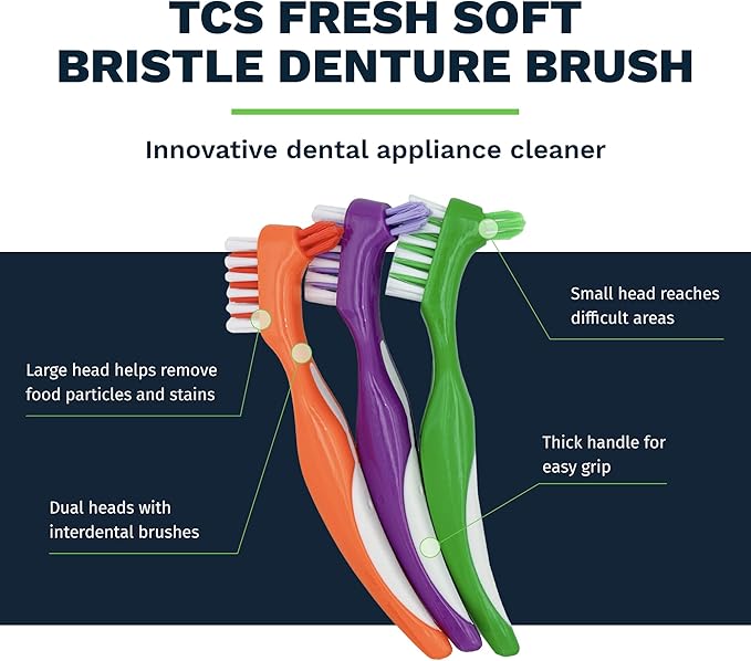 TCS Fresh Soft Bristle Denture Brush with Handle, Ergonomic Toothbrush for Cleaning Dental Appliances (3 Pack)