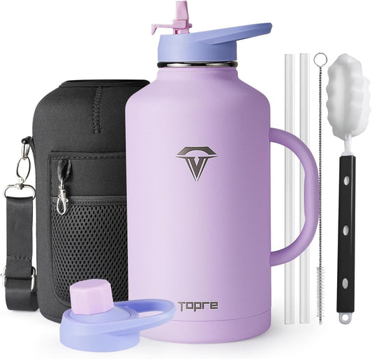 64 oz Water Bottle Insulated with Handle and Carry Pouch, Half Gallon Stainless Steel Water Bottles Mug with Straw Lid Spout Lid,Reusable Metal Tumbler Jug Flask Cup,Keep Cold & Hot,Purple