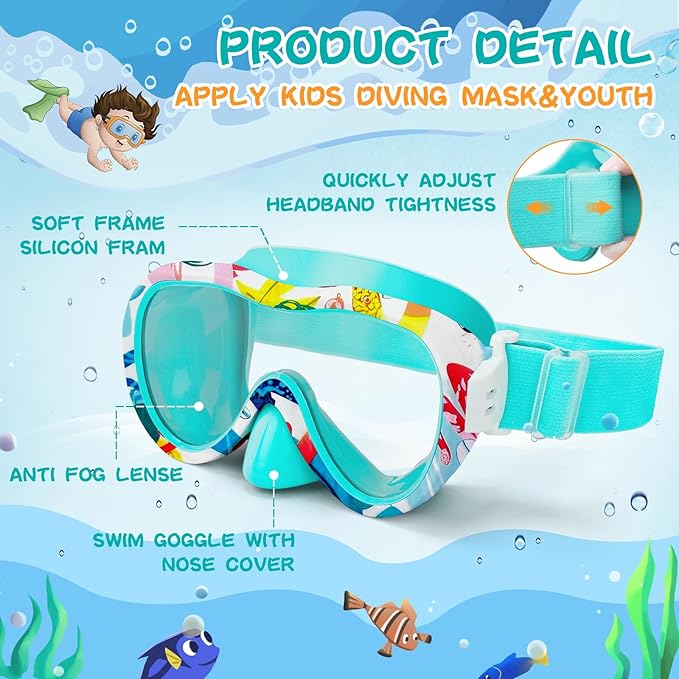 Kids Swim Goggles with Nose Cover, 180° Panoramic Snorkel Mask with Anti-Fog & Anti-Leak Design, Comfort Fabric Strap UV Protection Lens for Boys Girls Ages 3-15