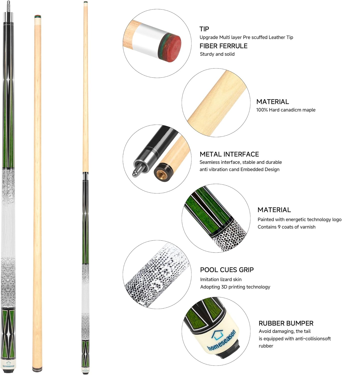 HomeSeason Pool Cue Stick 58" Billiard Cue Sticks 3D Printed Grip Professional Low Deflection Pool Sticks Maple Wood Pool Sticks 13mm Tip