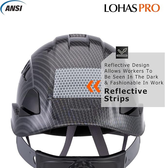 LOHASPRO Hard Hats Construction Safety Helmet ANSI Z89.1 Approved OSHA Hardhat, Vented Carbon Fiber Black Hard Hat with Chin Strap Tree Rescue Arborist Helmet(Black Graphite Pattern)