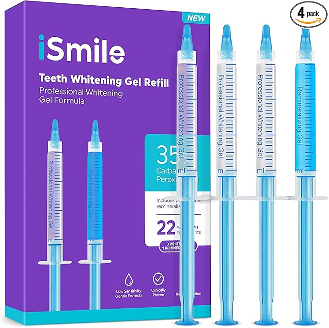 iSmile Teeth Whitening Gel Syringe Refill Pack - (3) 3ml Whitening Gel Syringes, (1) Remineralization Gel Syringe, No Sensitivity, Premium Quality, Use with LED Light and Trays