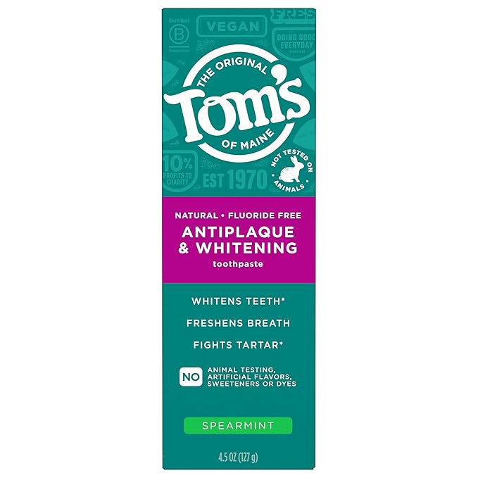 Tom’s of Maine Antiplaque and Whitening Fluoride Free Toothpaste, Spearmint 3-Pack