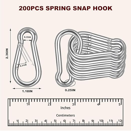 200PCS M6 Spring Snap Hook Carabiner, Heavy Duty Galvanized Steel Carabiner Clip, 260LBS Holding Capacity Spring Clips for Hammock Swing Outdoor Travel