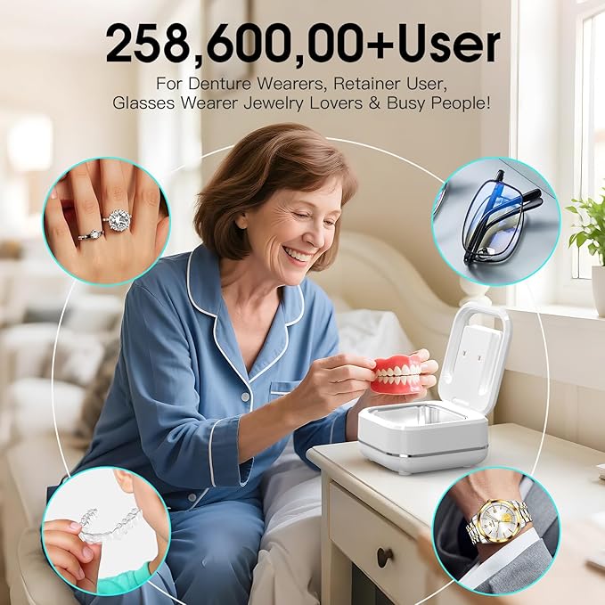 HAUSBELL Dental Pod: Ultrasonic Retainer Cleaner, Denture Cleaner Machine with 8 Cleaner Tablets, Aligner Cleaner, Nightguard Cleaner, Mouthguard Cleaner, Ultrasonic Cleaner with Noise-Reduction Lid