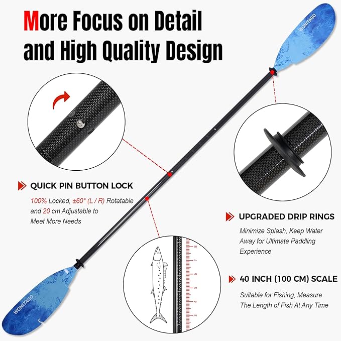 Angler Kayak Paddles Carbon Fiber Shaft and Plastic Blade, Floating Adjustable Fihsing Kayak Oars with Paddle Leash, 230-250cm/90-98 inch