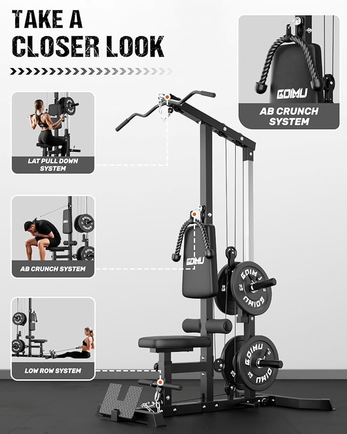 LS01 LAT Pulldown Machine, LAT Row Cable Machine with AB Crunch, LAT Tower with Cable Row Attachments, 3 in 1 Pulley Stations for Home Gym