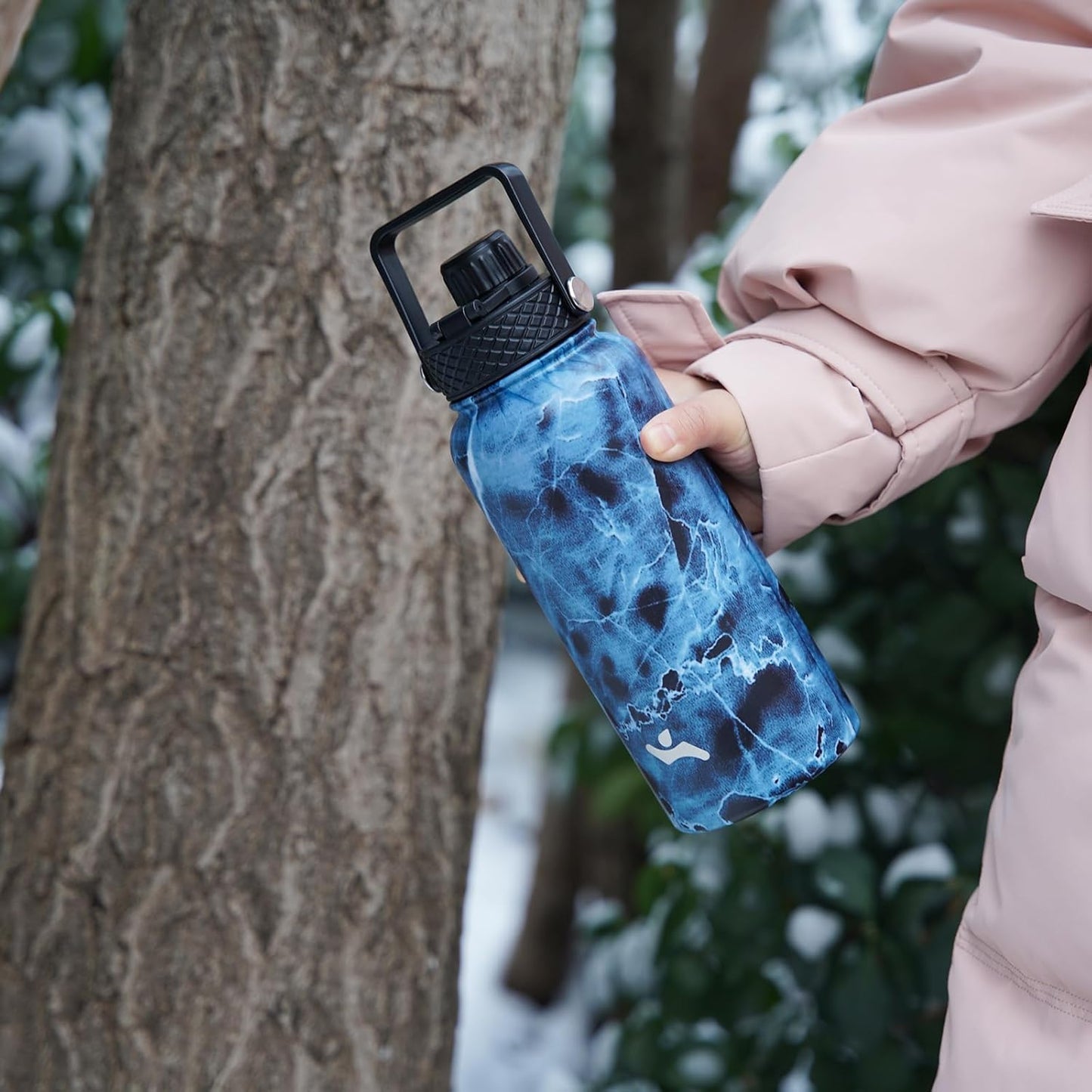 32 oz Insulated Water Bottle Stainless Steel Sport Bottles with 3 Lids,Marble Ocean