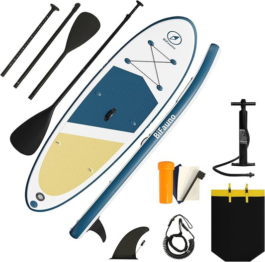 Inflatable Stand Up Paddle Board with SUP Accessories & Backpack. Paddle Boards for Adults. Non-Slip Deck, Wide Stance, Bottom Fin, Double Action Pump.