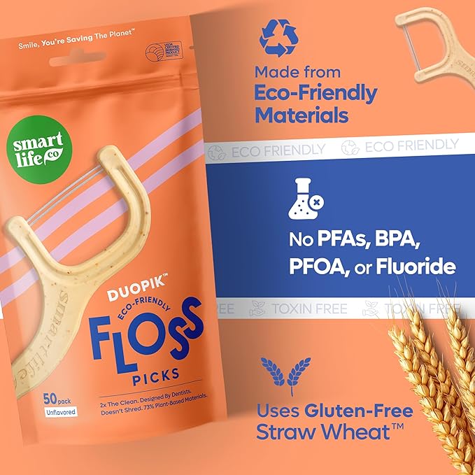 SmartLifeco Eco-Friendly Dual-Thread Dental Floss Picks (200ct) - Flossers Made with Straw Wheat Blend, Proven Anti-Shred for Tight Gaps, Tooth Pick Stick for Adults, Soft on Gum & Teeth, Unflavored