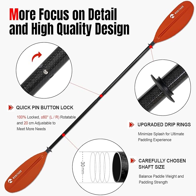 Kayak Paddle Premium Carbon Fiber Paddle with Reinforced PP + Fiberglass Blade, Floating Adjustable Kayaking Oars, 3 Piece, 220-240 cm/86-94 Inches, 240-260 cm/94-102 Inches