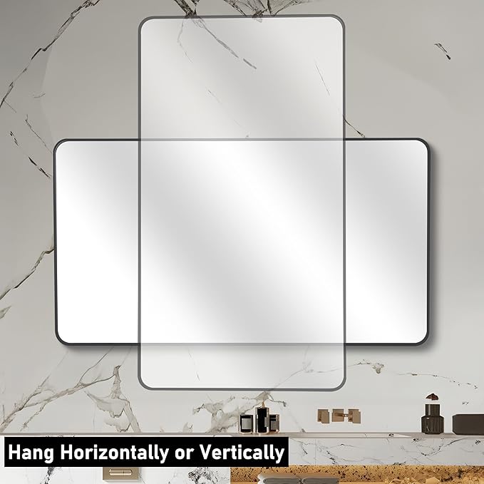 36" x 48"Bathroom Mirror, Matte Black Wall Mirror with Metal Frame, Decorative Rectangular Vanity Mirror for Bedroom Bathroom Living Room Entryway (Horizontal/Vertical)