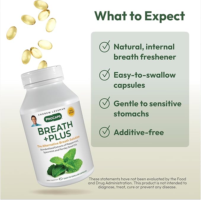 ANDREW LESSMAN Breath Plus 180 Softgels - Natural Breath Freshener, Helps Eliminate Odors from Food, Smoking, Morning Breath from The Inside Out. Peppermint, Spearmint. Easy to Swallow Softgels