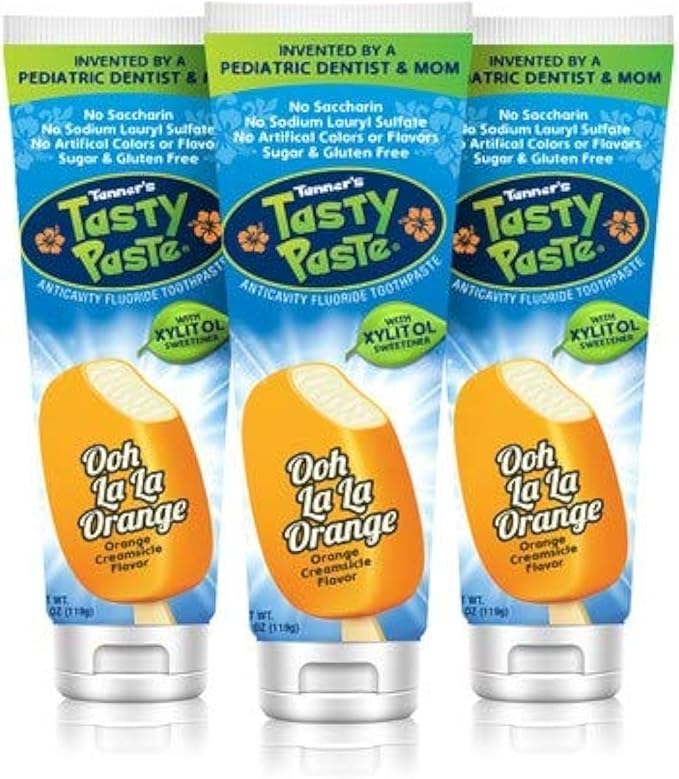 Tanner's Tasty Paste Ooh La La Orange - Anticavity Fluoride Children’s Toothpaste/Great Tasting, Safe, and Effective Vanilla Flavored Toothpaste for Kids (3-Pack)