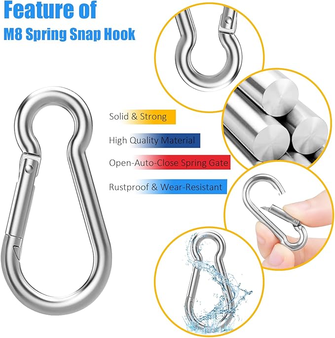 100PCS M8 Spring Snap Hook Carabiner, 3" x 5/16" Heavy Duty Galvanized Steel Carabiner Clips, 470LBS Capacity Spring Quick Links Clips for Camping Hiking Hammock Swing and Outdoor Activities