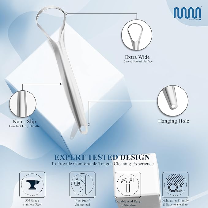 MasterMedi Tongue Scraper for Adults, 100% Stainless Steel for Bad Breath, Easy to Use, Tongue Cleaner for Oral Care (Pack of 3 with 1 Case)