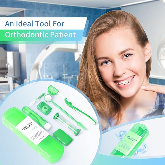 Annhua 8 Pcs Orthodontic Care Kit for Braces, Portable Braces Kit Cleaning Tools Tooth Pick Hygiene Set with Interdental Brush, Ortho Wax, Floss, Oral Mirror Included - Green