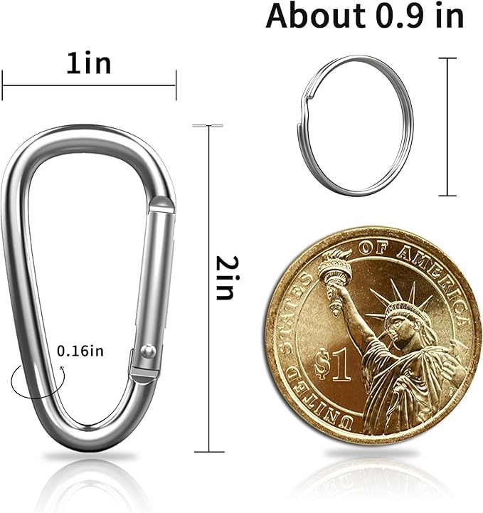 30PCS Aluminum Carabiner Clips, 2" D Shape Spring Snap Hooks Carabiner with 30PCS Keyring Keychain Hook