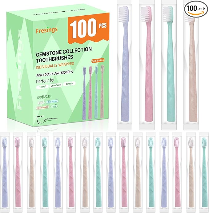 100 Pack Premium Disposable Toothbrush with Tongue Scraper – Individually Wrapped Bulk Travel Toothbrushes, Soft Bristles for Guests, Hotel, Vacation Rental, Home & On The Go,4 Colors