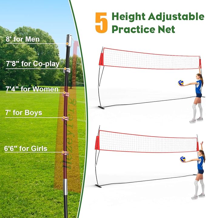 20FT/12FT Freestanding Volleyball Training Net, 5 Height Adjustable Portable Volleyball Net System, Quick Setup Practice Set for Indoor or Outdoor Use