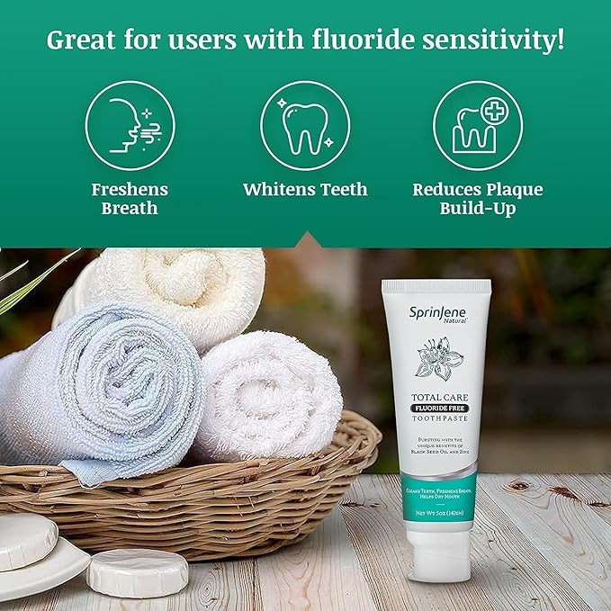 SprinJene Natural Total Care Fluoride Free Toothpaste – Patented Formula with Black Seed Oil & Zinc – Dry Mouth Toothpaste for Fresh Breath & Strong Teeth – Made in The USA (2 Pack)