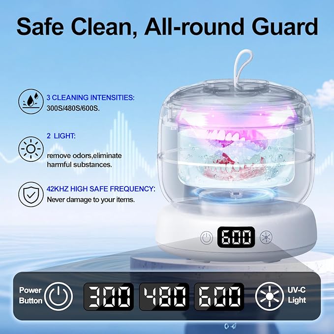 Ultrasonic Retainer Cleaner Machine,Mouth Guard Cleaner,Dental Pod Cleaner/Night Guard Cleaner/Aligner Cleaner Waterproof 3 Powerful Cleaning Modes 180ml-Best Gift for Braces Users/Christmas