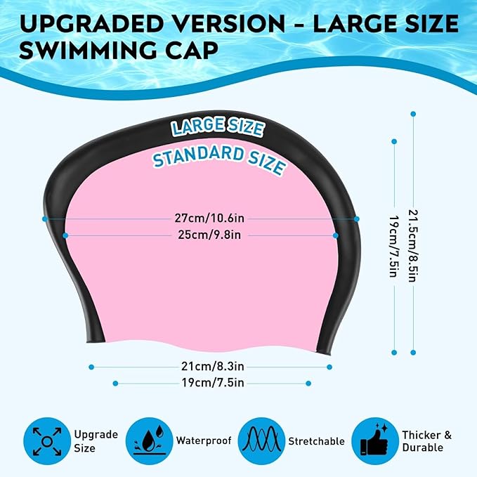 2 Pack Large Swim Caps for Long Hair, Silicone Swimming Cap for Adult Women Men, Waterproof Swim Hats Bathing Caps to Keep Hair Dry with Bonus Nose Clip and Earplugs