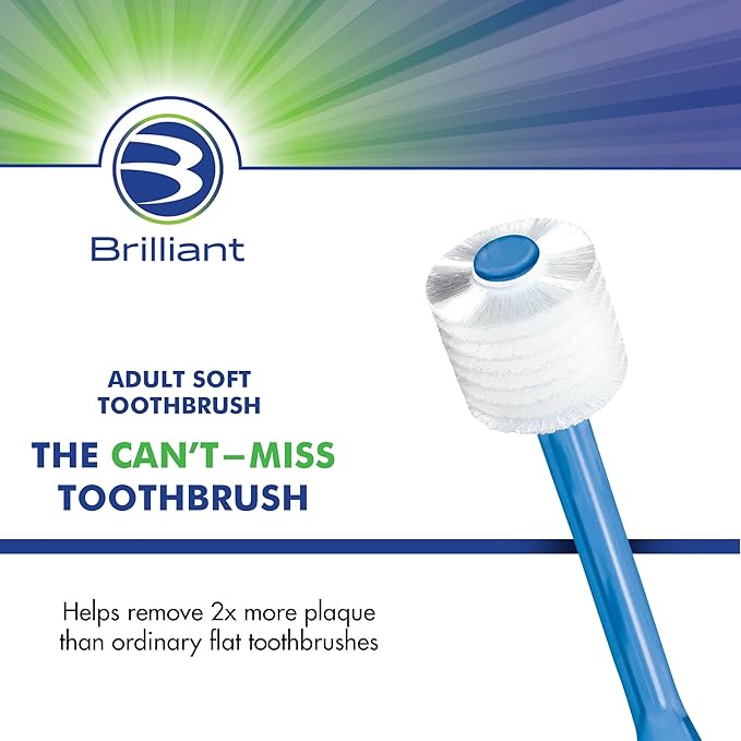 Brilliant Oral Care Adult Toothbrush with Soft Bristles, Round Head, and All-Around Clean for Teeth and Gums, Assorted Colors, 6 Pack