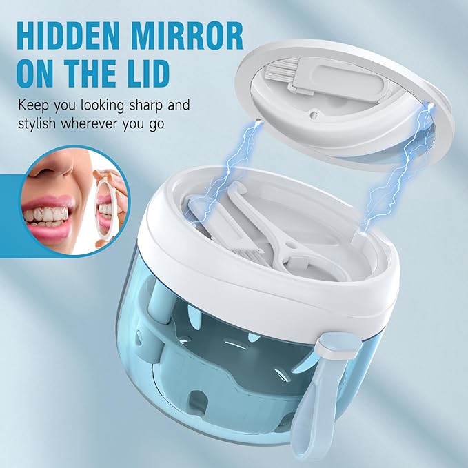 Denture Bath Box Cup, Leak Proof Denture Cup Kit Portable Retainer Case for Travel, Denture Case Cleaning Care for Dentures Aligner Mouth Guard with Denture Brush,Strainer, Removal Tool and Mirror