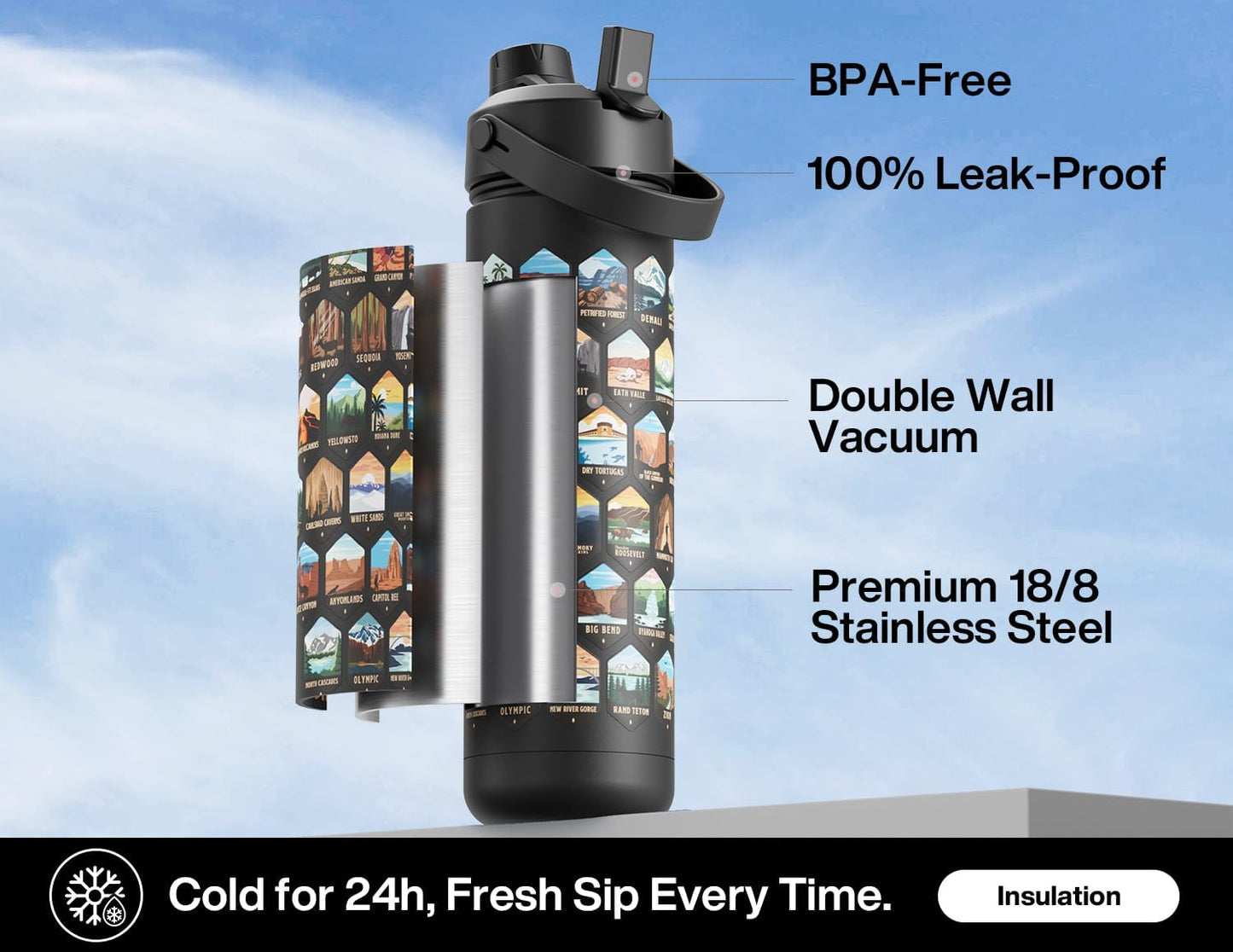 26 oz National Parks Water Bottle with Waterproof Stickers: 2-in-1 Straw Spout Lid, Keep Cold 24H, Leakproof, Car CupHolder Friendly, Insulated Stainless Steel Cup for Travel, Sports, School (Black)