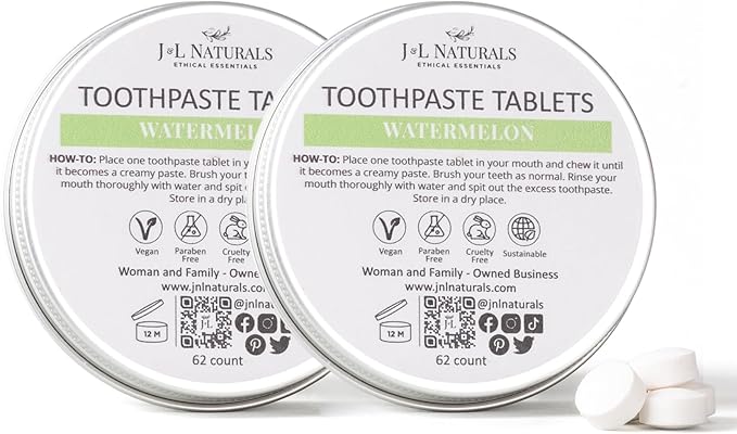 J&L Naturals Toothpaste Tablets | 62-Pack Travel-Friendly Toothpaste | Fluoride + Plastic Free, Vegan, Cruelty Free, Sustainable | Woman-Owned Small Business (Watermelon, 62 Count (Pack of 2))
