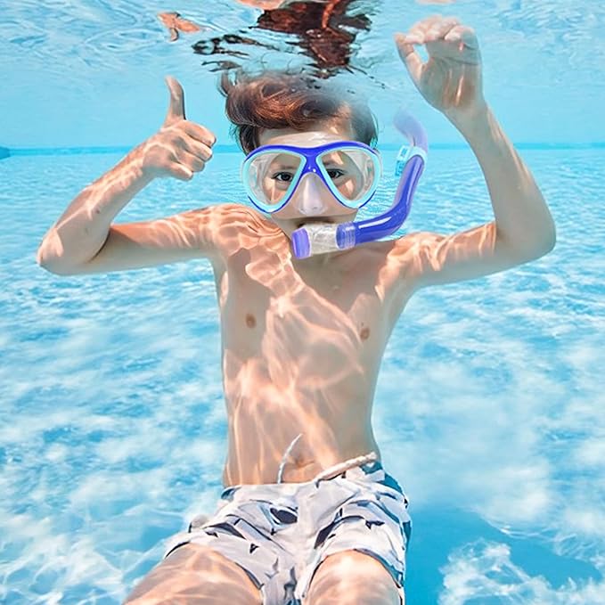 Kids Mask Fins Snorkel Set, Dry Top Snorkeling Gear for Kids Youth Boys Girls Junior Age 5-15 Tempered Glass Snorkel Mask Set Panoramic View Snorkeling Packages