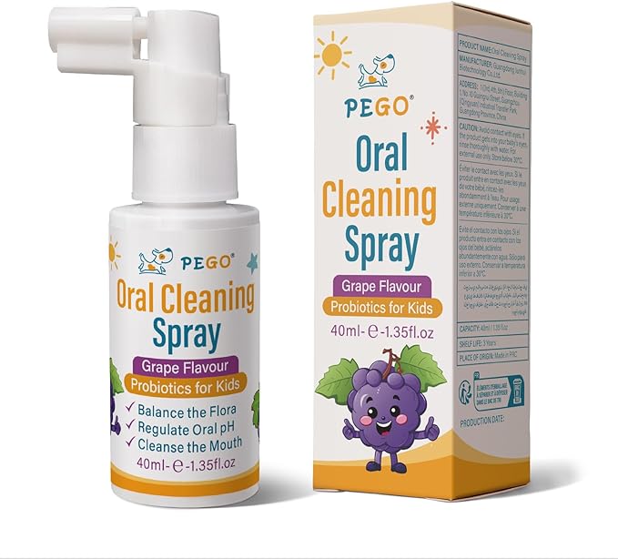 PEGO Kids Oral Spray - Toddler Toothpaste Helper for Fresh Breath, Fruit-Flavored, Probiotic Mouth Spray，Fluoride Free for Newborn to 12 Years(40ml*1, Grape)