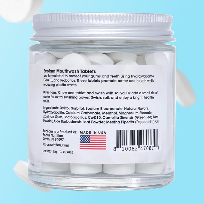 ECOFAM Peppermint Mouthwash Tablets - Chewable Tablet for Fresh Breath Fluoride Free Alcohol Free Travel Size Mouthwash - 90 Tablets