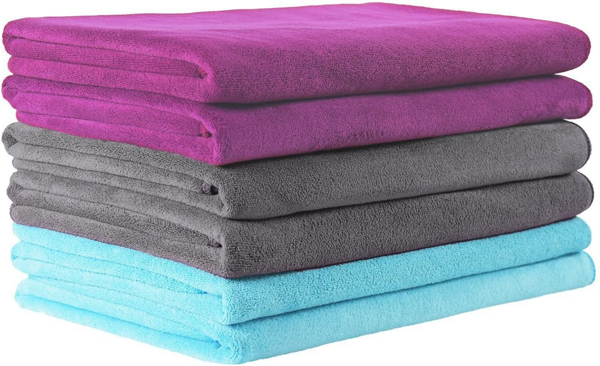 JML Microfiber Towels, Large Bath Towel Set 6 Pack, 27" x 55" - Extra Absorbent, Fast Drying, Multipurpose for Swimming, Fitness, Sport, Yoga, Purple/Grey/Light Blue