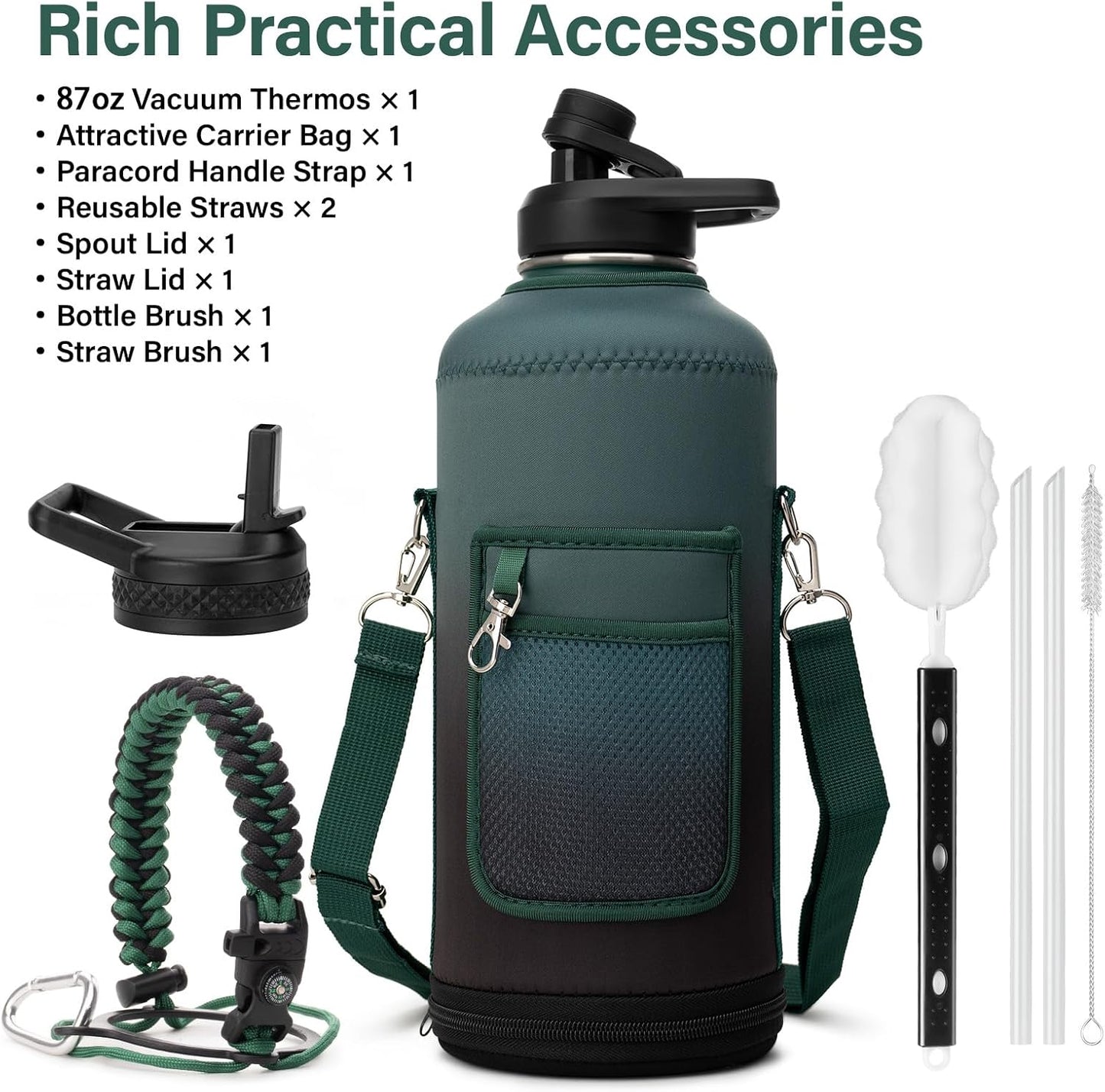 Insulated Water Bottle | Thickened Stainless Steel for Gym and Hiking with Straw, Carrier Bag, Handle Strap | BPA-Free 87 oz